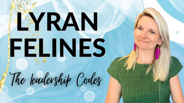 Digitally illustrated infographic titled 'Leadership Codes Lyran Felines', showing a stylized humanoid feline in green and gold armor.