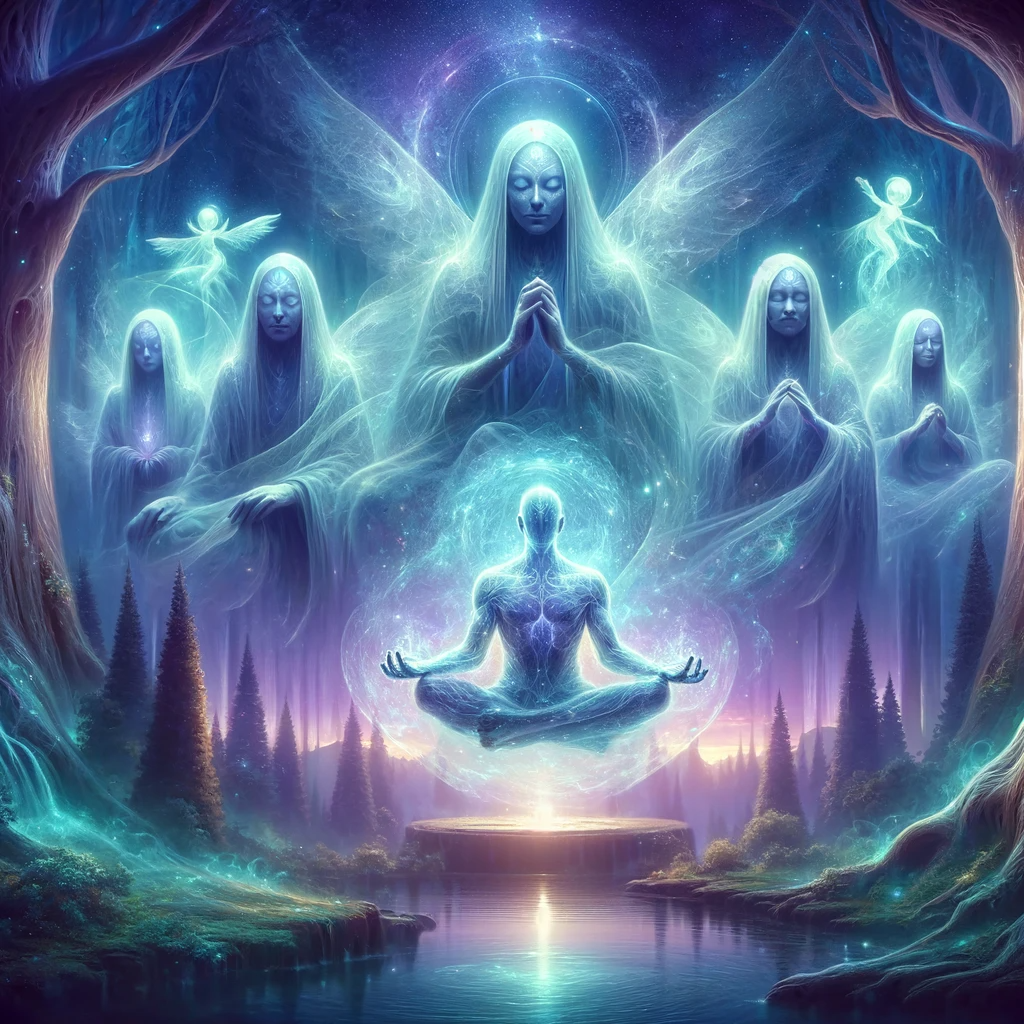 A visionary and ethereal depiction of ancestral karma healing